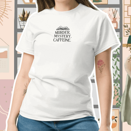 Murder, Mystery, Caffeine Geborduurd T-Shirt