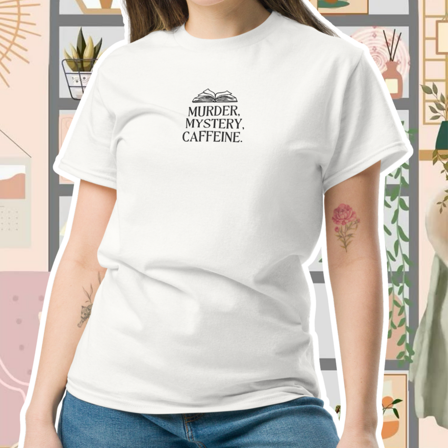 Murder, Mystery, Caffeine Geborduurd T-Shirt