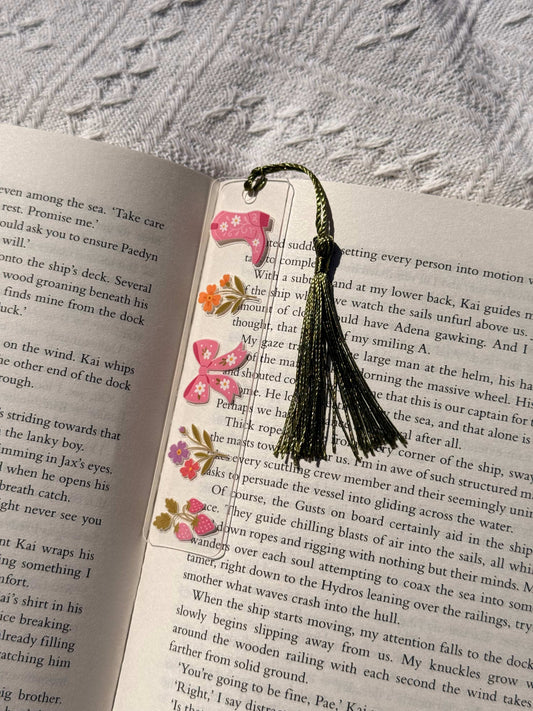 Transparante boekenlegger Romantic Florals met groen kwastje