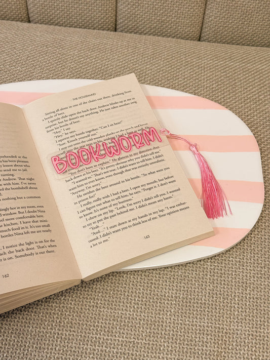 Roze acryl boekenlegger Bookworm met groen kwastje