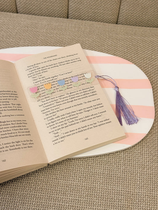 Acryl boekenlegger Tulips met pastel tulpen en groen kwastje