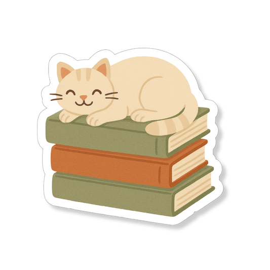 Cat & Book Lover sticker met een kat op een stapel boeken.