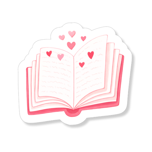 Open Book with Hearts sticker met open boek en hartjes voor boekenliefhebbers.