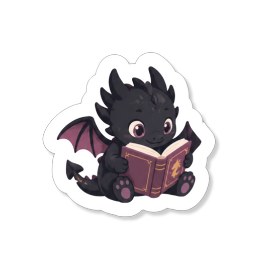 Zwarte Reading Dragon sticker met lezende draak, voor fantasy- en boekenliefhebbers.