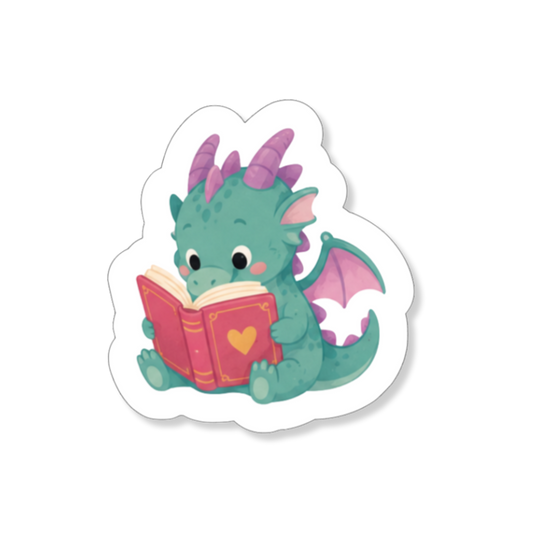 Groene Reading Dragon sticker met lezende draak, voor fantasy- en boekenliefhebbers.