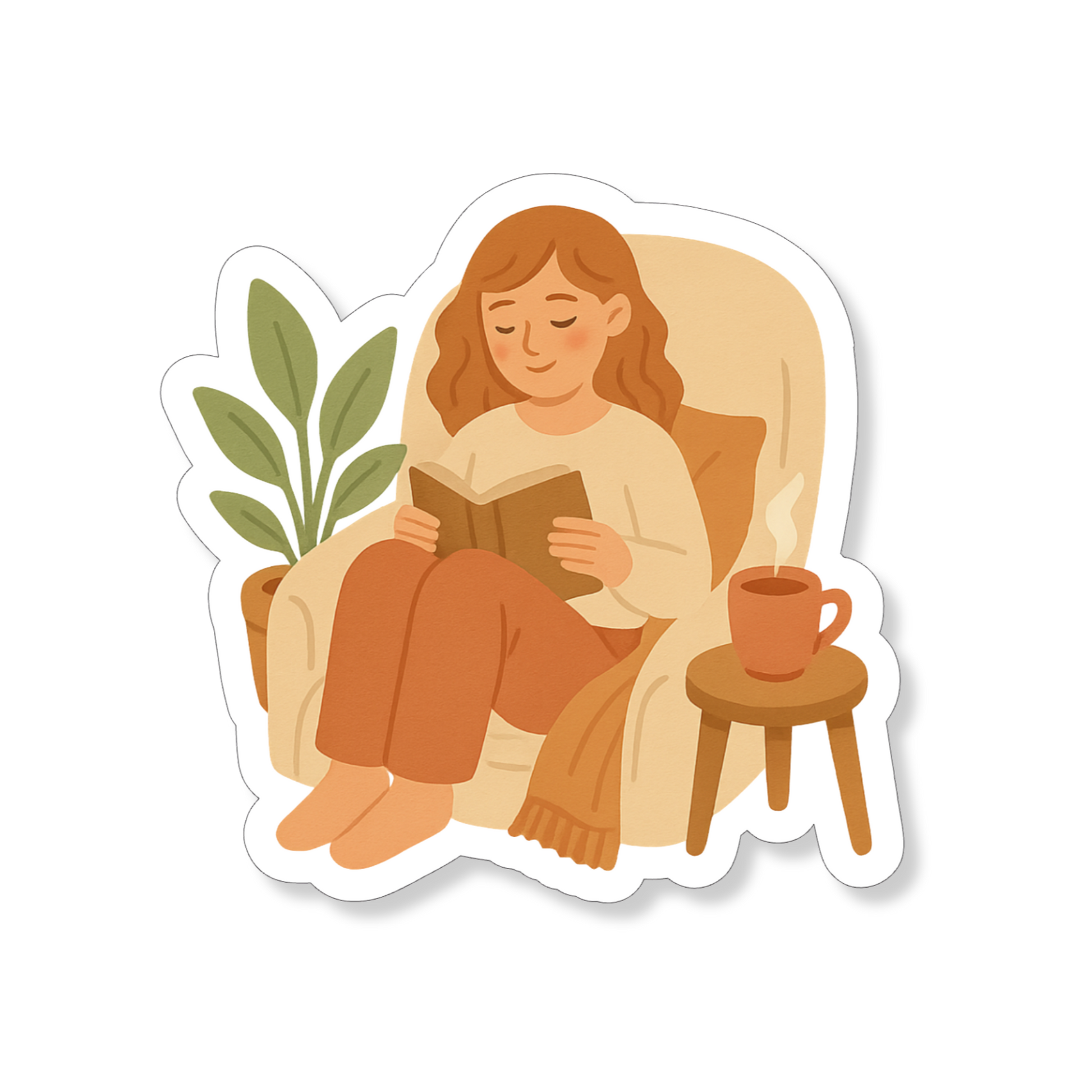 Cozy Reading Nook sticker met een fijne leesplek voor boekenliefhebbers.