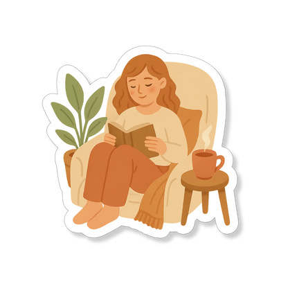 Cozy Reading Nook sticker met een fijne leesplek voor boekenliefhebbers.