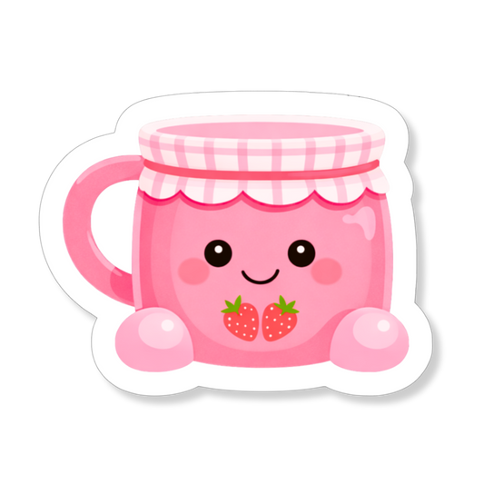 Strawberry Jam sticker met aardbeienillustratie, een vrolijke bookish sticker.