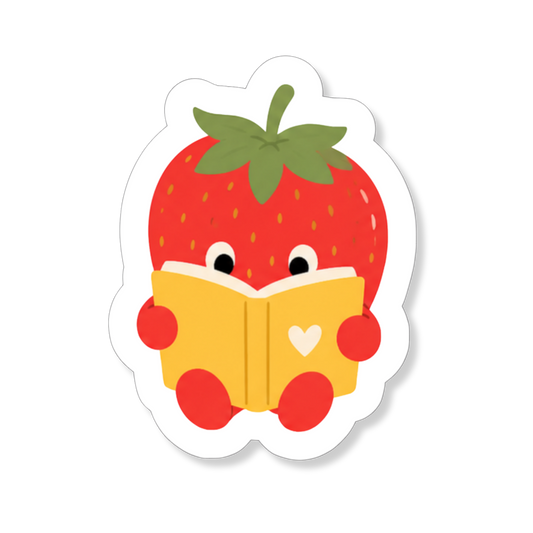 Bookish Strawberry Reader sticker met aardbeien, speciaal voor boekenliefhebbers.